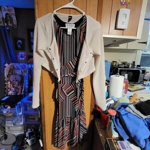 NorthStyle Black Dress with Coral and White Stripes and Cream Cardigan